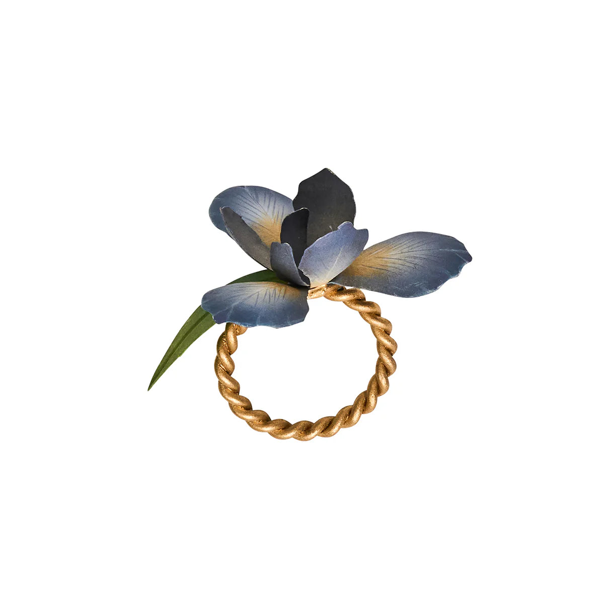 Close-up of Juliska Meadow Walk napkin ring with blue iris bloom on gold twisted ring.