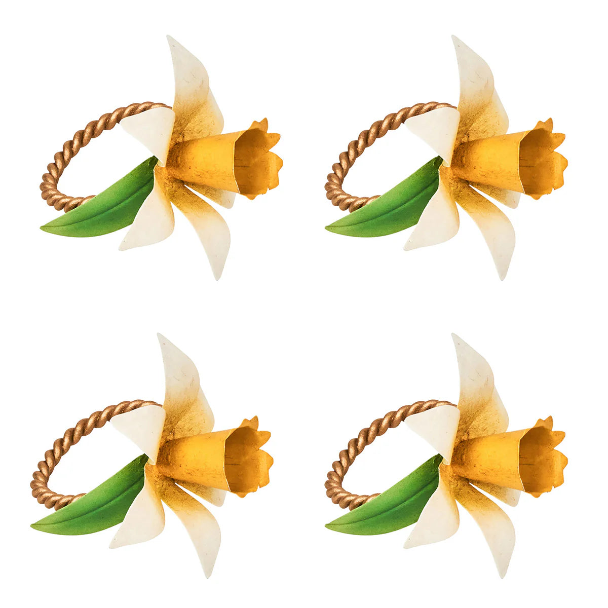 Set of four Juliska daffodil napkin rings with gold rope bands and green leaf accents.