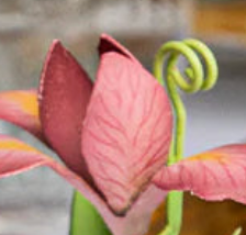 Close-up of a pink leaf and green curling tendril on a Juliska place card holder.