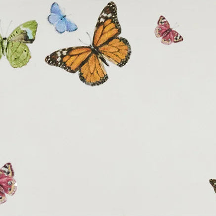 Multicolor butterfly motif detail on ivory Juliska Meadow Walk place card stationery.