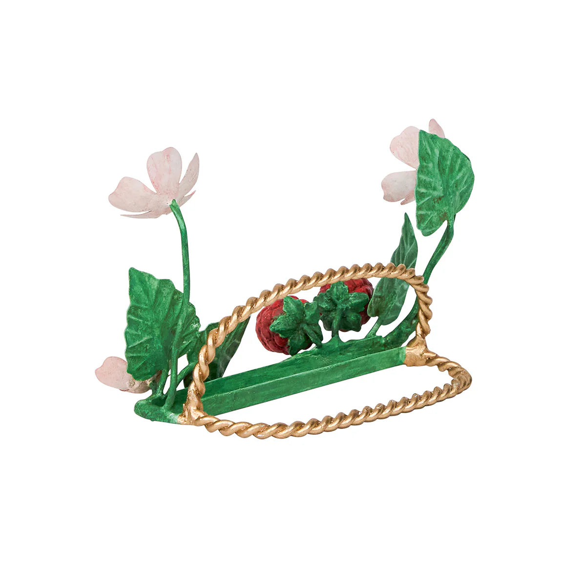 Juliska Meadow Walk place card holder with strawberry motif, pink blooms, and gold twisted wire frame.