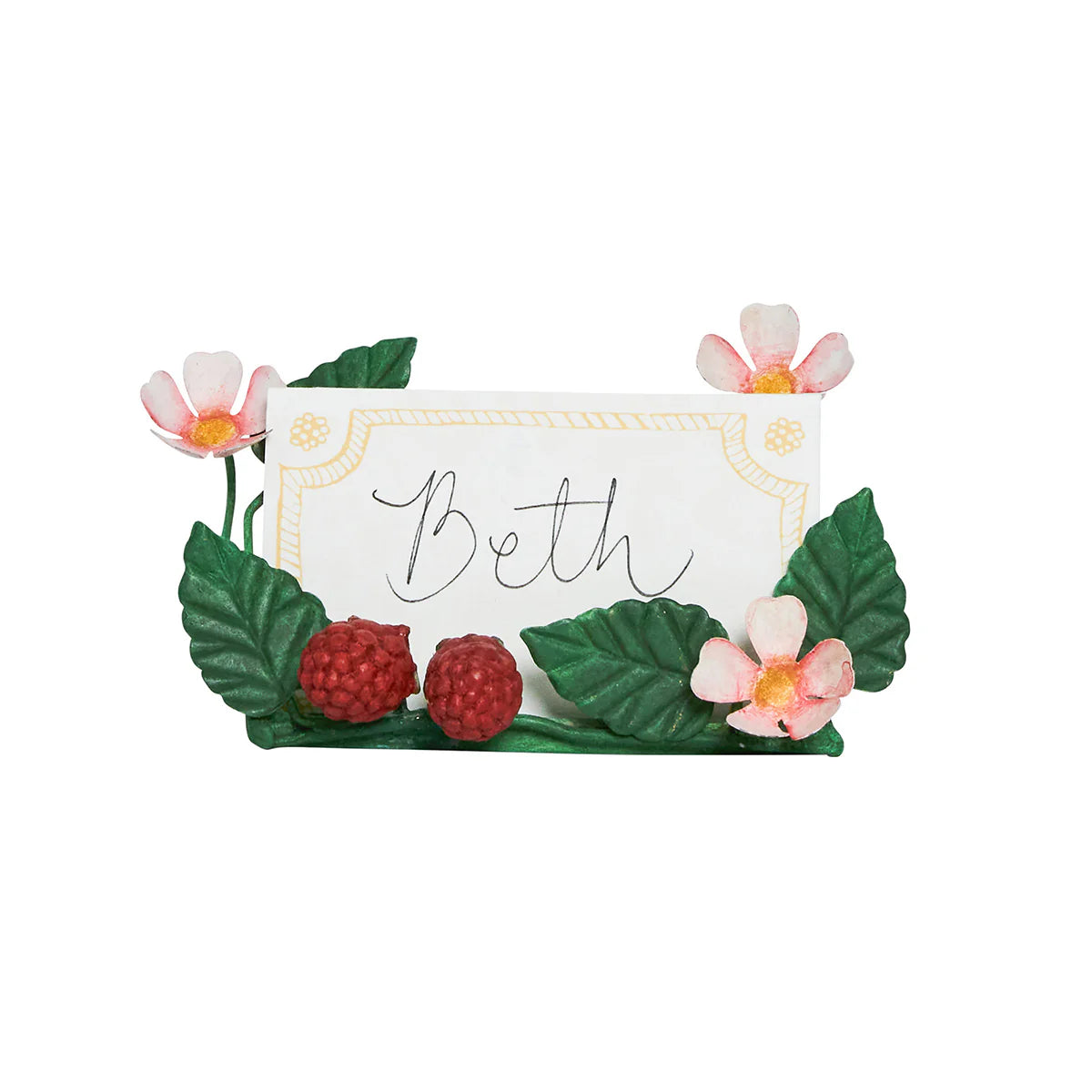 Close-up of Juliska Berry place card holder with raspberry and pink blossom detailing.