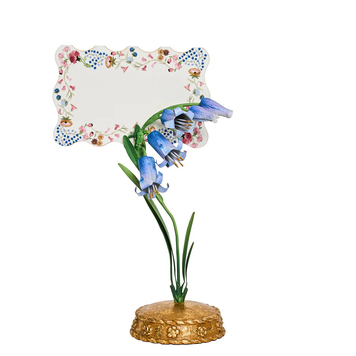 Juliska Meadow Walk place card holder with blue bluebell stem and gold decorative base.