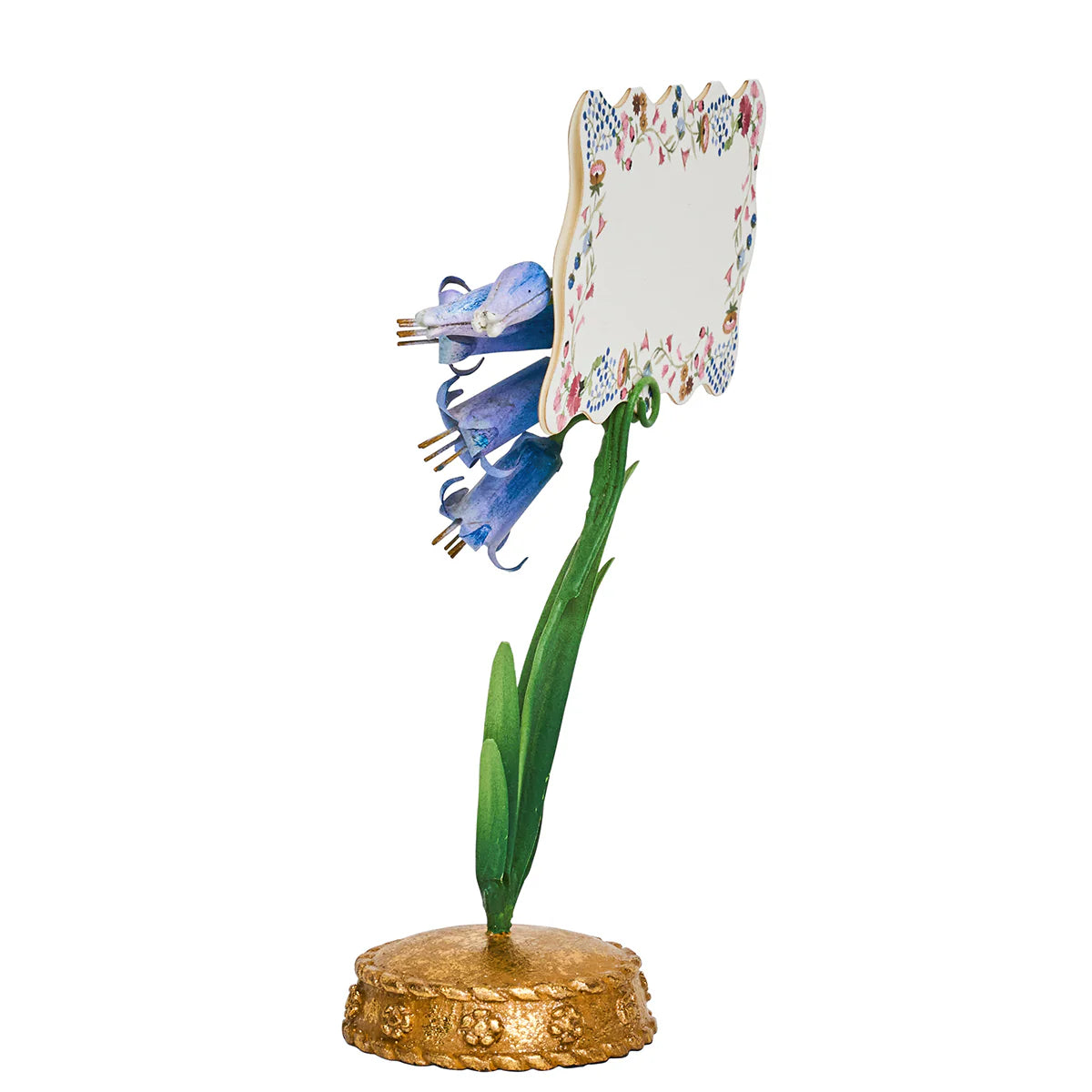Juliska Meadow Walk place card holder with blue floral stem and gold ornate base, side view.