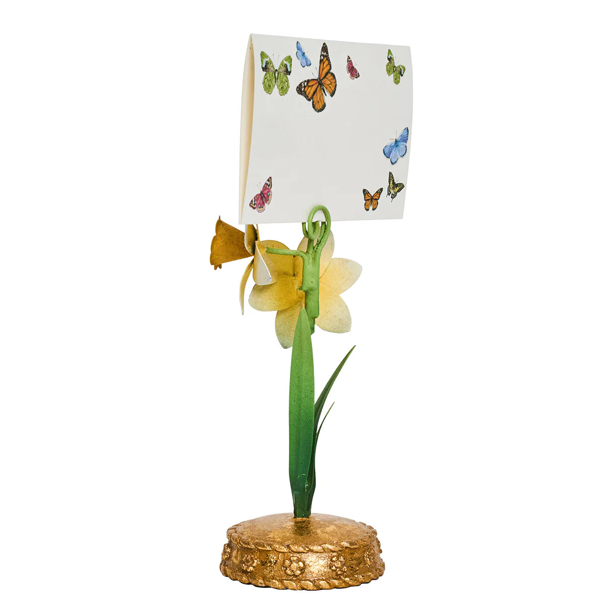 Juliska Meadow Walk daffodil place card holder with butterfly-printed card on gold base.