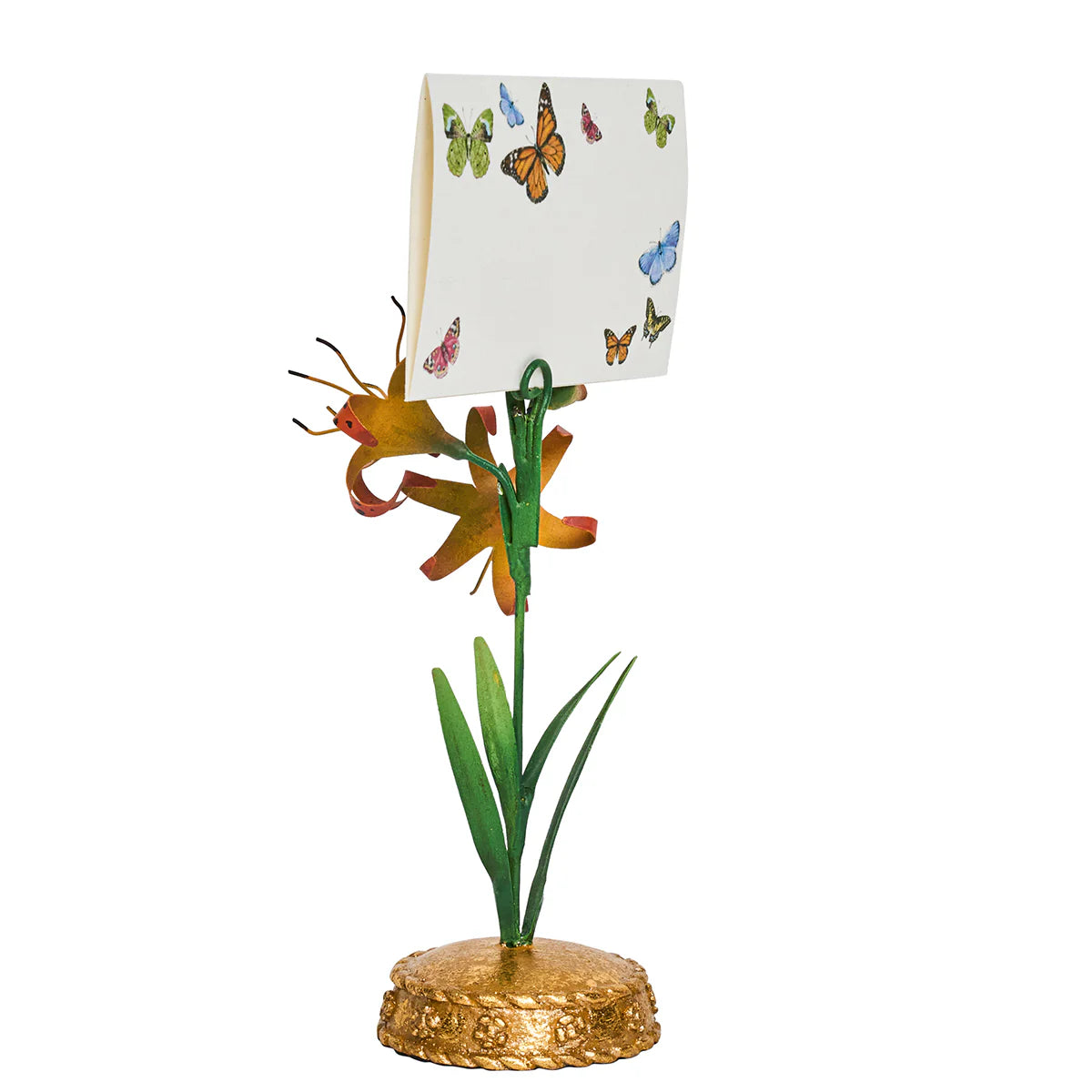Juliska Meadow Walk place card holder with orange lily stem and butterfly-print card on gold base.