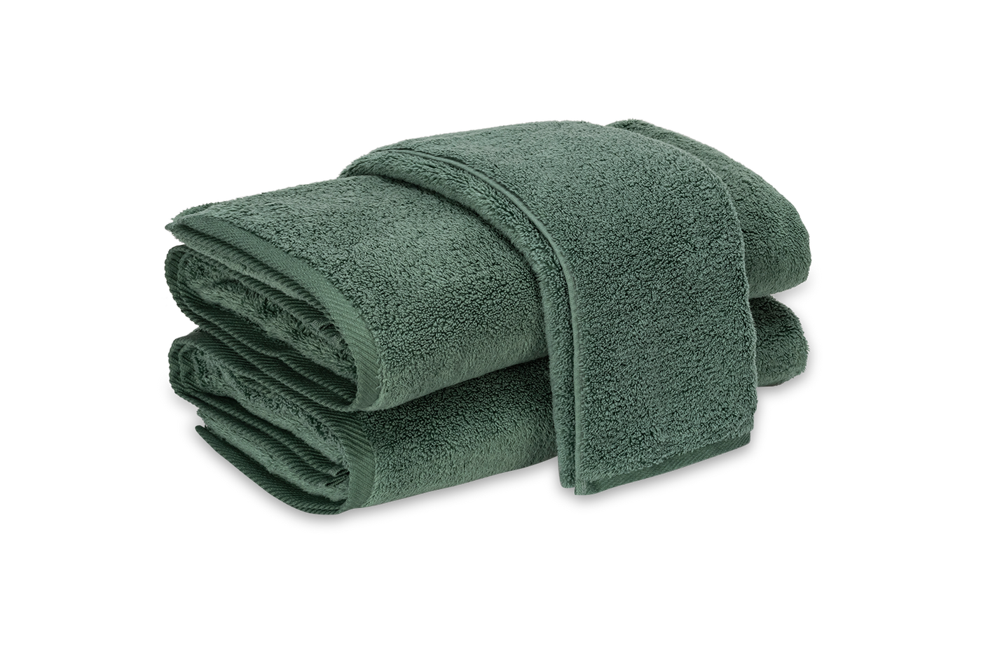 Close-up of folded Matouk Milagro bath sheet stack in deep forest green plush cotton.