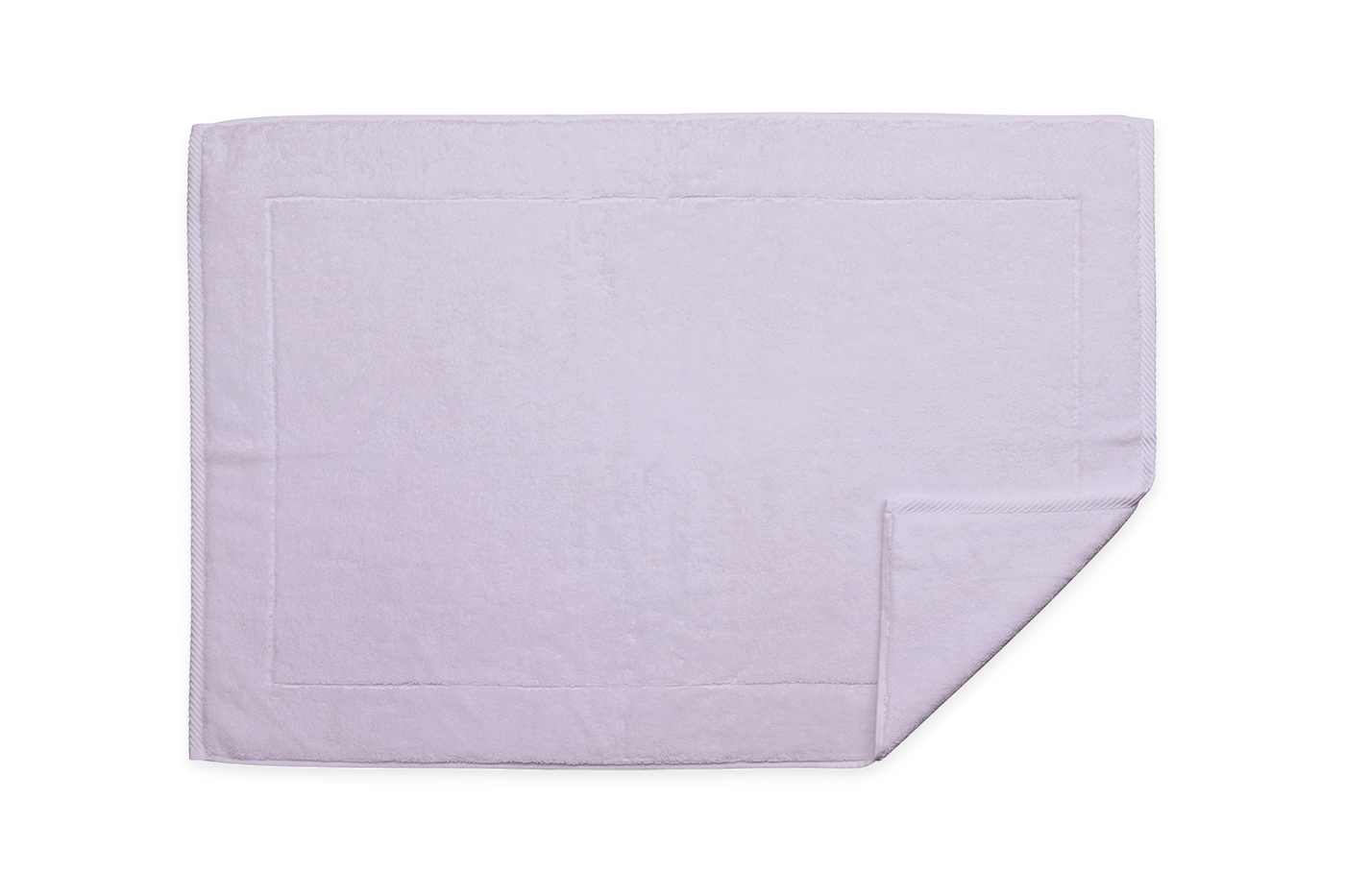 Lavender cotton tub mat with woven border detail, flat lay view.