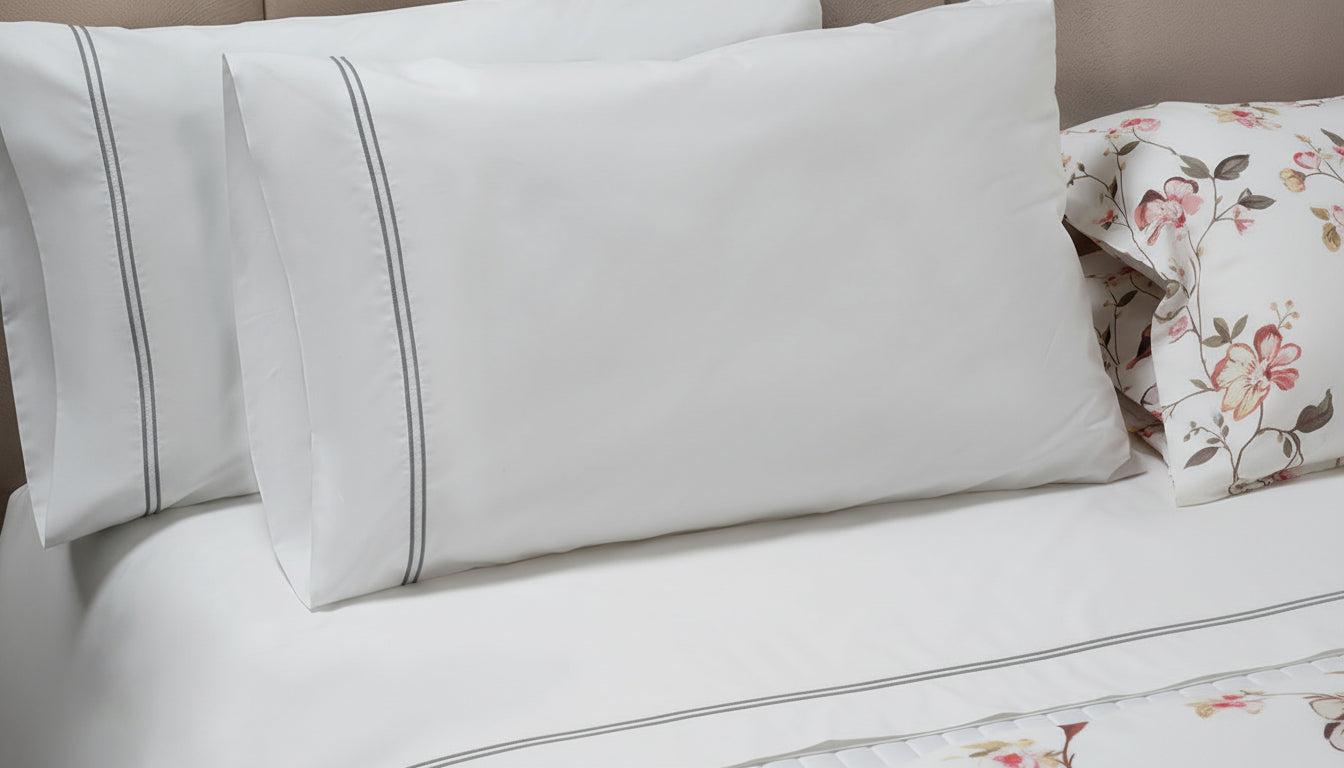Mimosa embroidered white sheet set with grey triple-stitch detail on pillowcases.