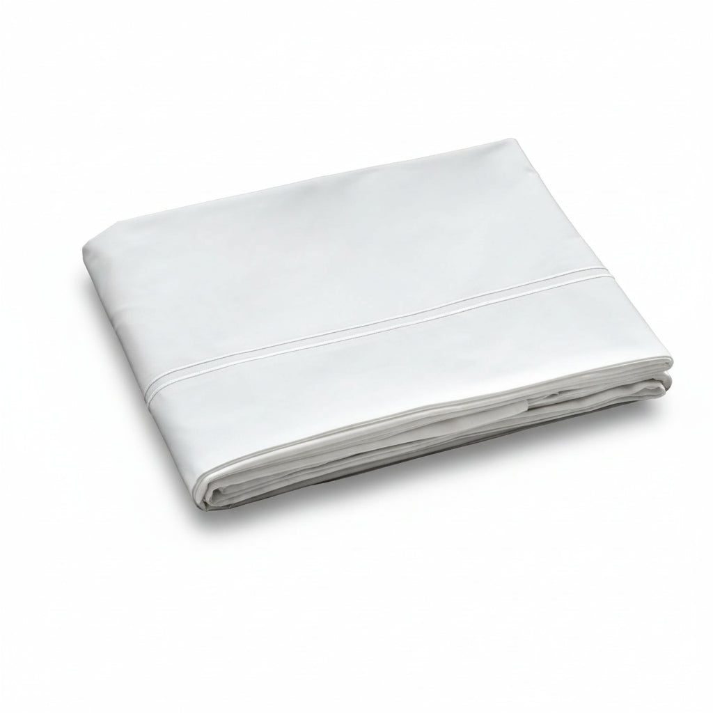 Folded white flat sheet with tonal embroidered border detail, neatly stacked on white background.