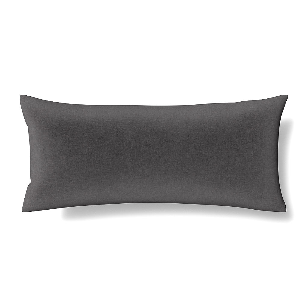 Elongated velvet pillow in charcoal, shown on white background.