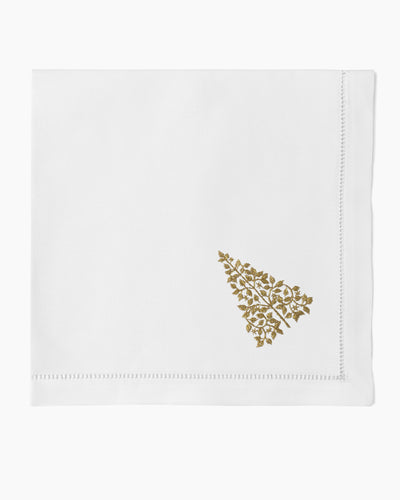 Henry Handwork Mod Tree white linen dinner napkin with gold embroidered Christmas tree.