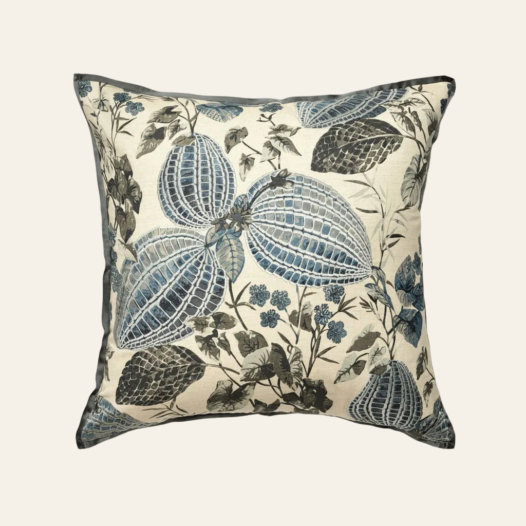 Ann Gish Nature sham in ivory with blue botanical print and flange edge.