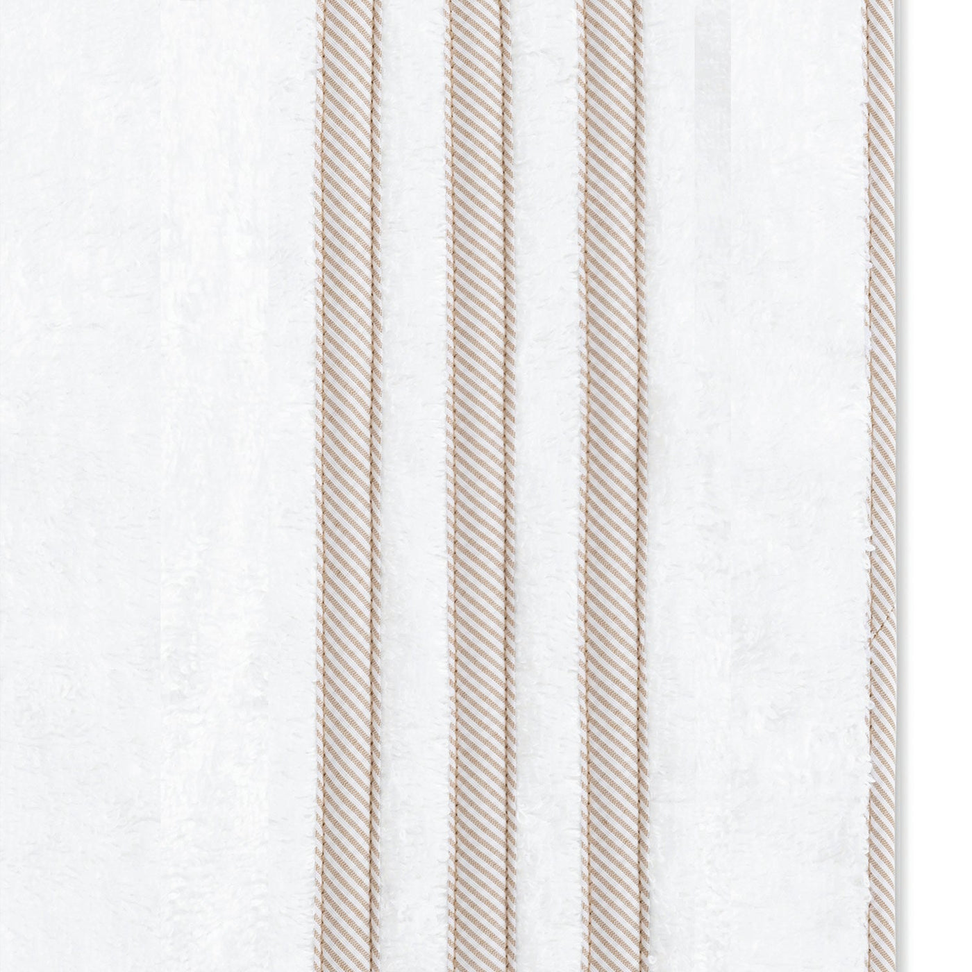 White towel with four vertical beige stripes along one side, ideal for complementing your favorite bath linens or pairing with the Matouk Newport Shower Curtain.