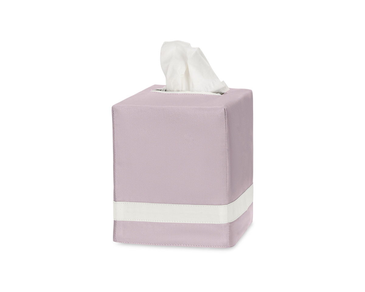 The Nocturne | Tissue Box Cover by Matouk features a pink design with a white horizontal stripe, fits standard tissue boxes, and is perfect for adding a stylish touch to your home décor.