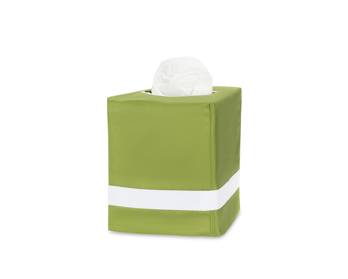 The Matouk Nocturne | Tissue Box Cover in green features a white horizontal stripe near the bottom and dispenses tissues from the top—an elegant touch for your home décor.