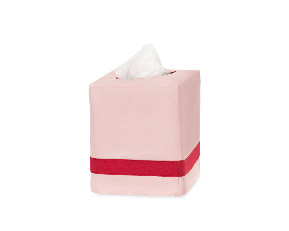 The Nocturne | Tissue Box Cover by Matouk features a pink design with a red stripe near the bottom and holds white tissues—an elegant accent for your home decor.