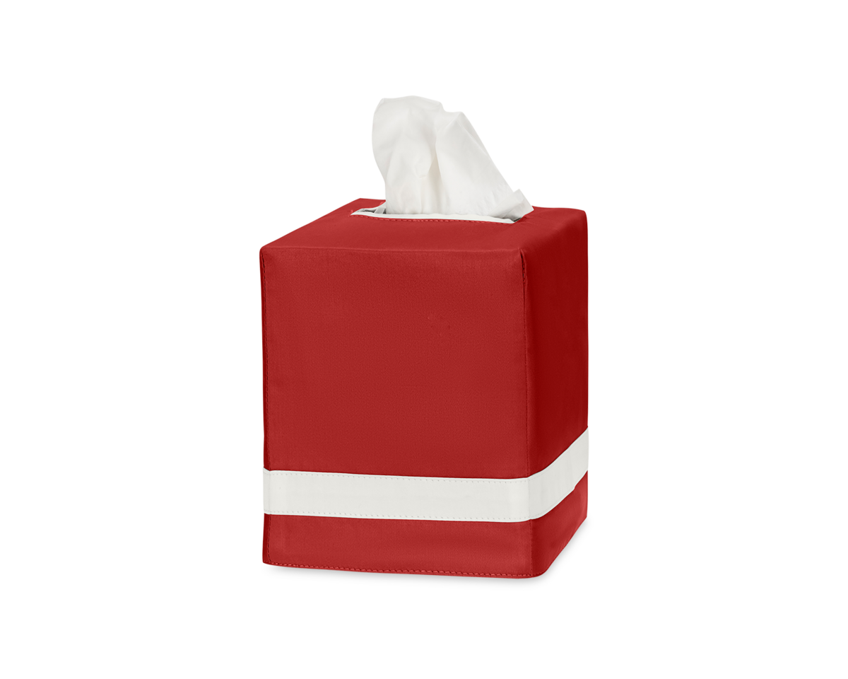 The Nocturne | Tissue Box Cover by Matouk is a red, square cover with a white stripe near the bottom and white tissues exposed on top—an elegant touch for your home décor.
