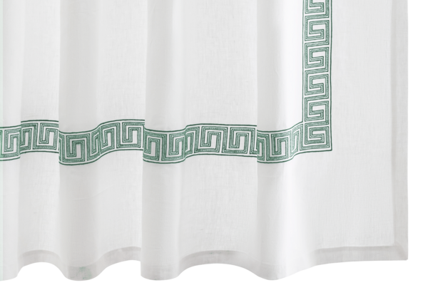 The Ophelia Shower Curtain by Matouk is a white sheer linen curtain with an embroidered green Greek key border, featuring both horizontal and vertical accents.