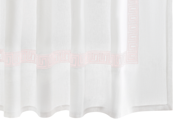 The Ophelia Shower Curtain by Matouk is crafted from sheer white linen and features an embroidered pink geometric Greek key pattern along the bottom edge.