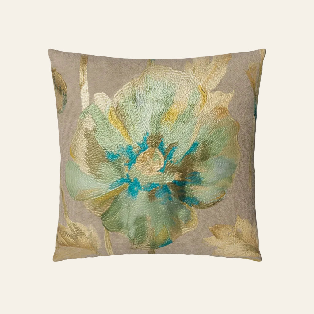 Ann Gish Opium sham in taupe with teal and gold embroidered floral motif.