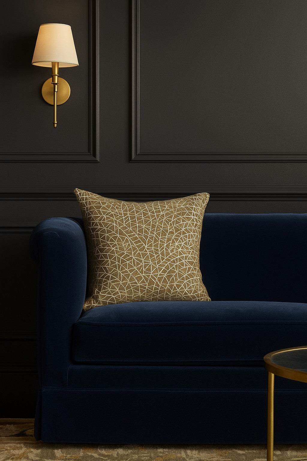 Gold geometric patterned pillow styled on a navy velvet sofa against dark panelled walls.