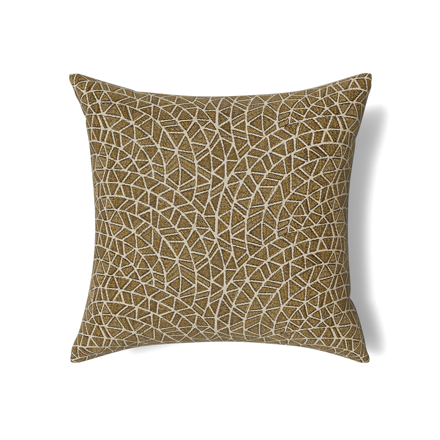Close-up of Ann Gish Ornament pillow showing intricate white leaf-vein embroidery on bronze ground.