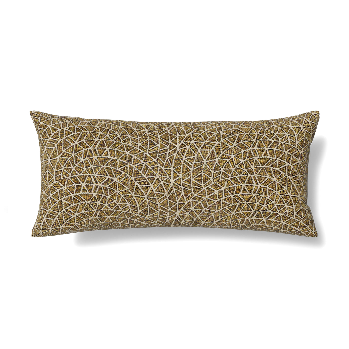 Ann Gish Ornament lumbar pillow in bronze with ivory geometric mosaic embroidery pattern.