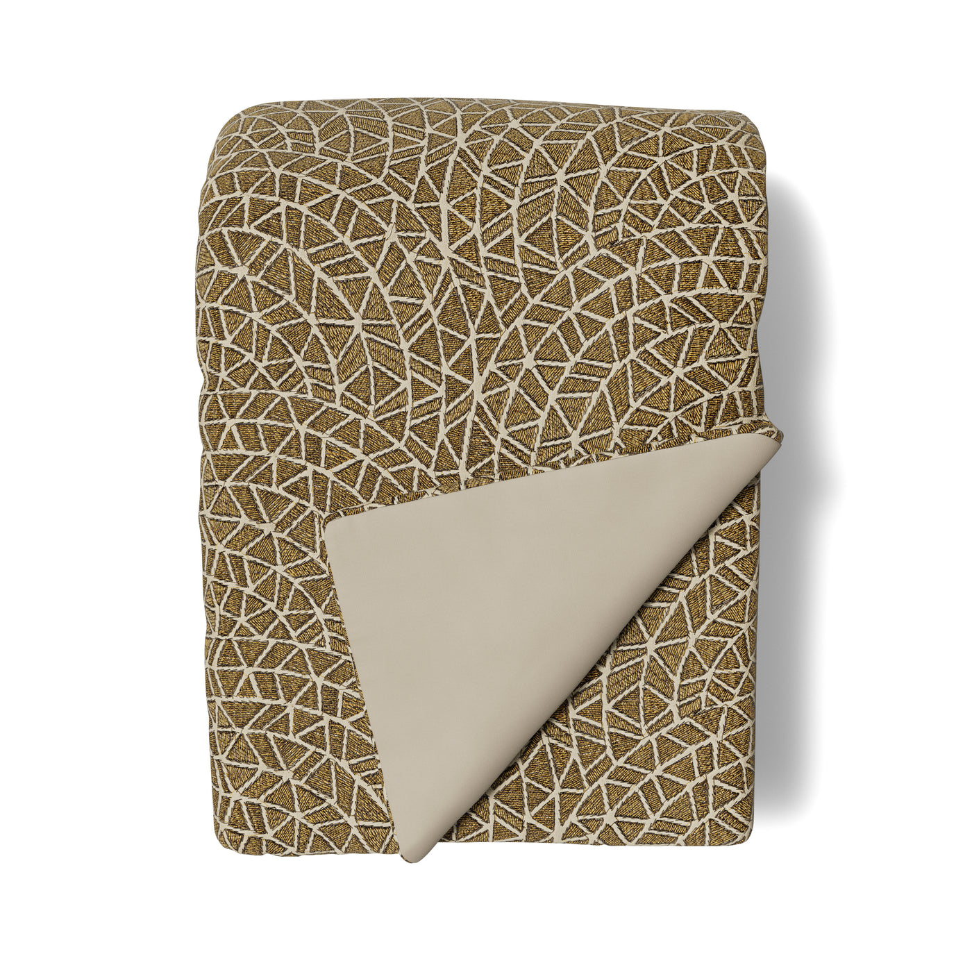 Ann Gish Ornament throw folded flat, olive geometric pattern with stone reverse.