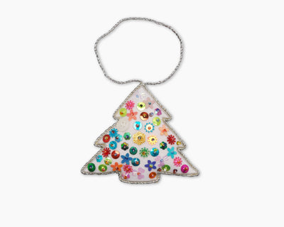 Henry Handwork Holiday Tree ornament with multicolor sequins and silver beaded loop hanger.