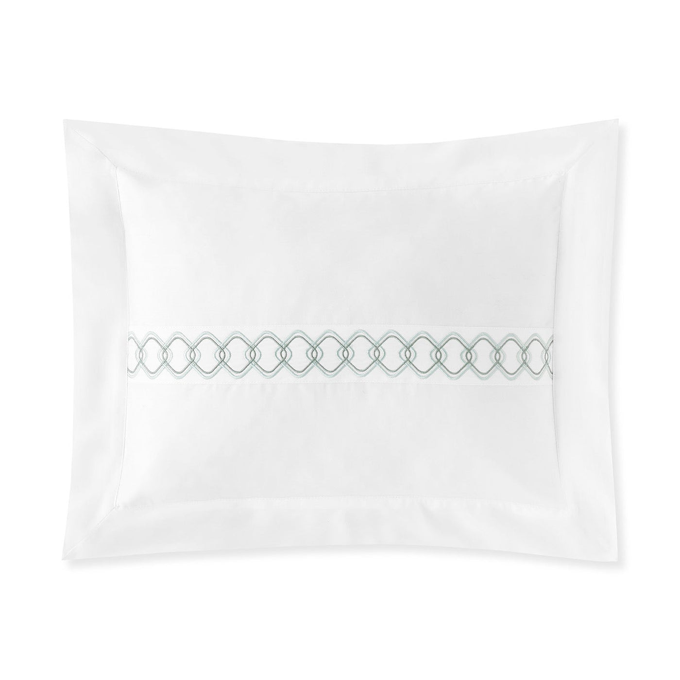 The Amalia Home Collection Ornato Boudoir pillow sham features a decorative light blue embroidered geometric pattern across the center, crafted from soft Egyptian cotton for luxurious bedding.