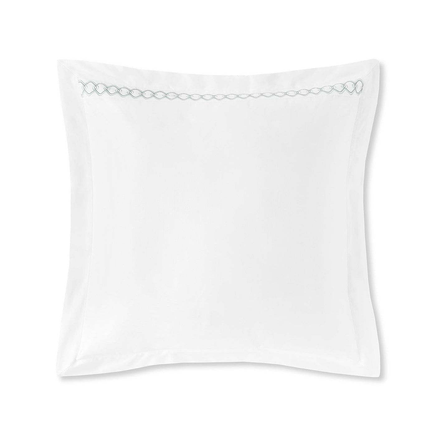 Close-up of Ornato euro sham with silver chain-link embroidery on white cotton.