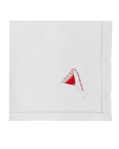 Henry Handwork white linen dinner napkin with embroidered red peppermint martini motif.
