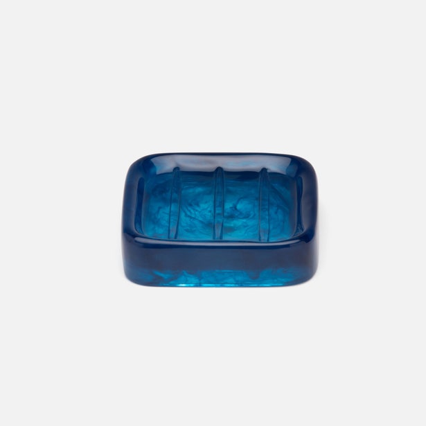 Pigeon & Poodle Abiko soap dish in marbled navy blue resin with ridged interior.