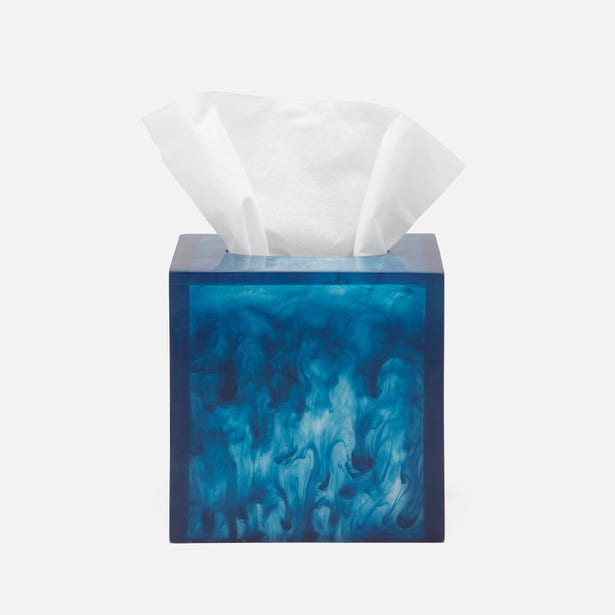 Pigeon & Poodle Abiko tissue box in ocean blue swirled resin with tissue.
