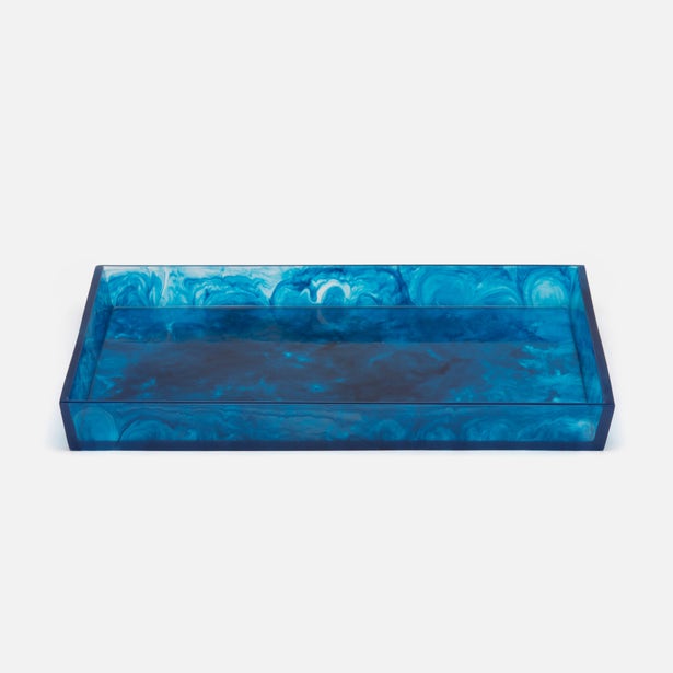 Pigeon & Poodle Abiko nesting tray in translucent blue marbled resin, rectangular form.