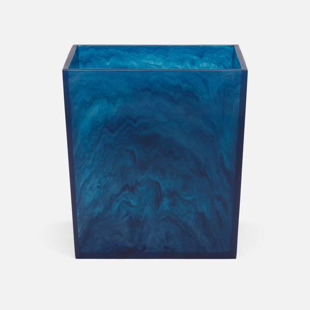 Pigeon & Poodle Abiko wastebasket in blue marbled resin, rectangular form.