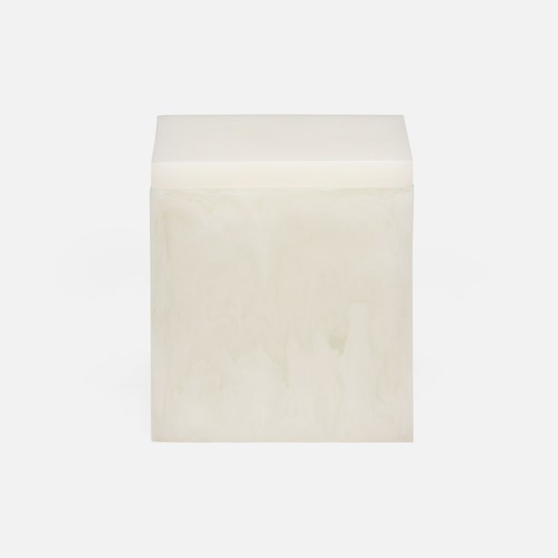 Pigeon & Poodle Abiko bath canister in ivory alabaster, cube form, smooth polished finish.