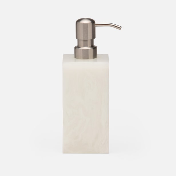 Abiko soap pump in ivory alabaster with brushed nickel pump, square profile, front view.