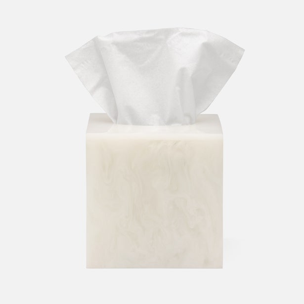 Pigeon & Poodle Abiko tissue box in ivory marbled resin, front view with tissues.