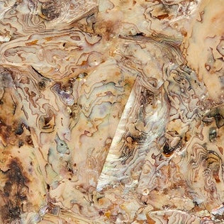 Close-up of Pigeon & Poodle Adana soap pump in swirling amber and cream stone finish.