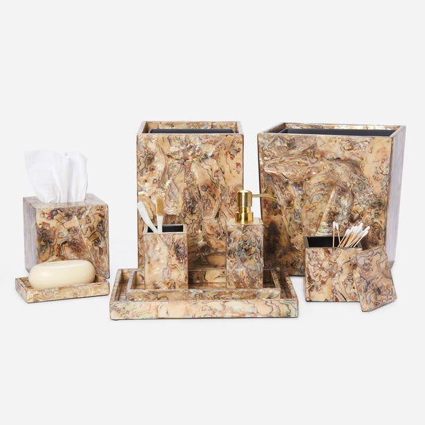 Adana collection bathroom accessories in warm fossil stone, full set styled on white background.