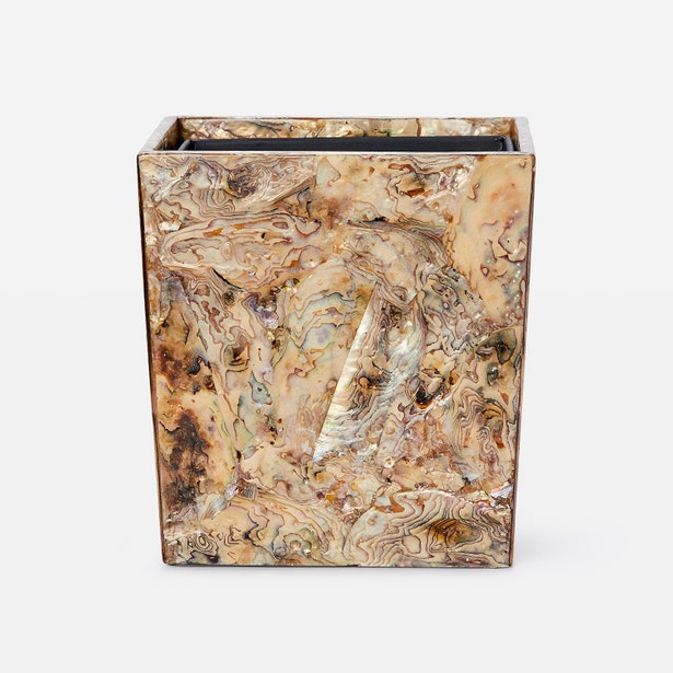 Pigeon & Poodle Adana wastebasket in swirled brown and gold marbled resin finish.
