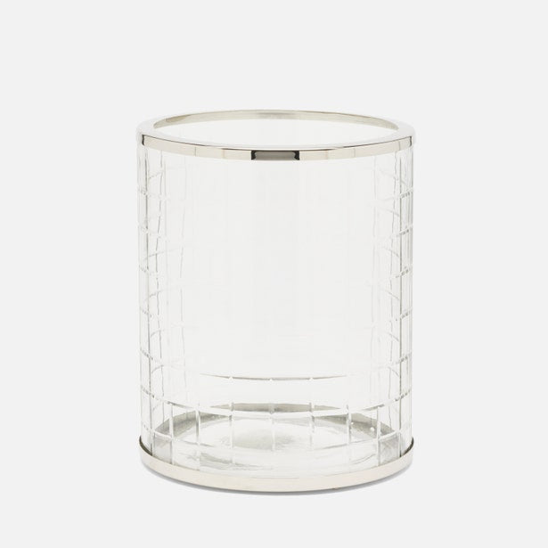 Pigeon & Poodle Argos wastebasket in clear glass with polished nickel grid frame.