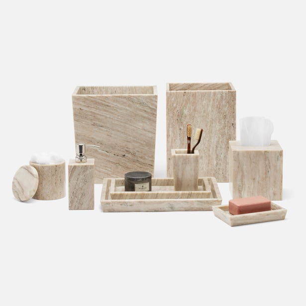 Pigeon & Poodle Athlone travertine bathroom accessory collection displayed together.