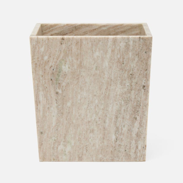 Pigeon & Poodle Athlone wastebasket in travertine, angled side view showing stone veining.