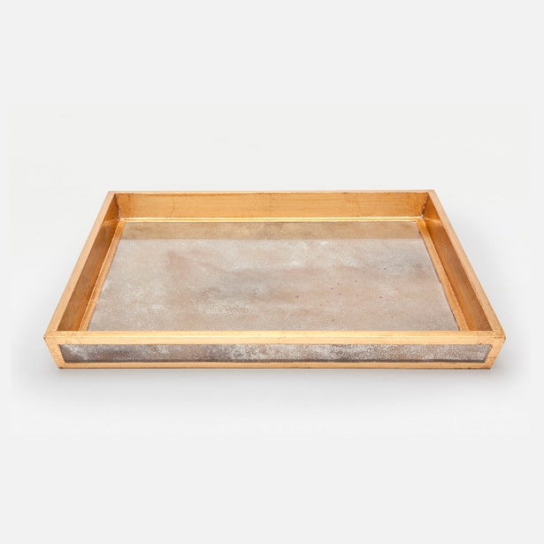 Atwater bath tray angled view showing antiqued mirror base and gold leaf wood frame.
