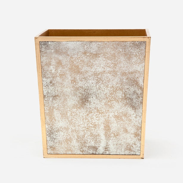 Pigeon & Poodle Atwater wastebasket, antiqued mirrored panels with gold trim, interior view.