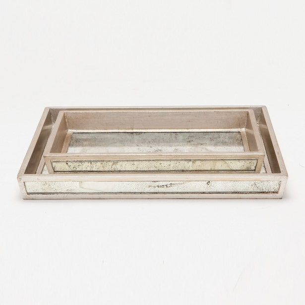 Pigeon & Poodle Atwater trays nested, antiqued mirror bases with silver frames, set of two.