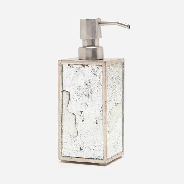 Pigeon & Poodle Atwater soap pump with antiqued mirror panels and brushed nickel trim.